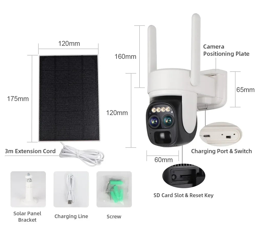 كاميرا IP شمسية بمعدل 8MP ودقة 4K مع عدستين مزدوجتين، PTZ Zoom 10X، تتبع بشري، مراقبة أمنية خارجية، كاميرات CCTV مع بطارية وPIR