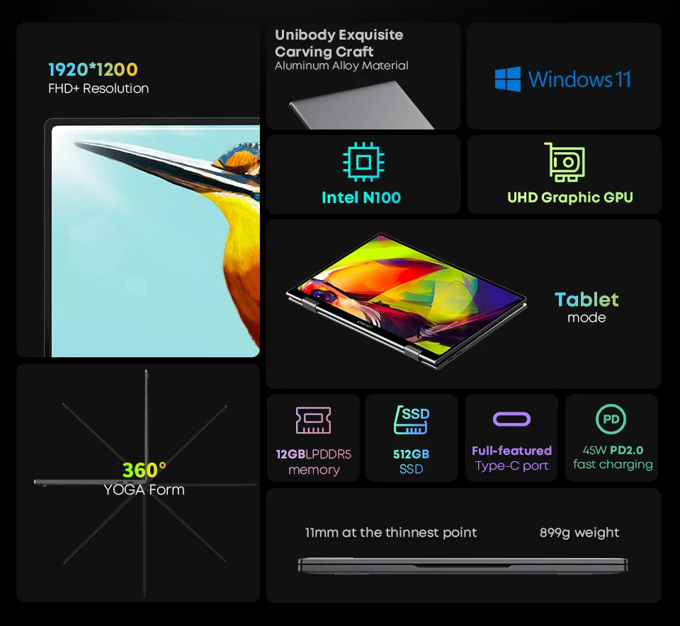 حاسوب محمول لوحي CHUWI MiniBook X 2 في 1 مع معالج Intel N100/N5100 وشاشة FHD IPS بحجم 10.51 بوصة وذاكرة 12GB LPDDR5 وتخزين 512G SSD ونظام Windows 11