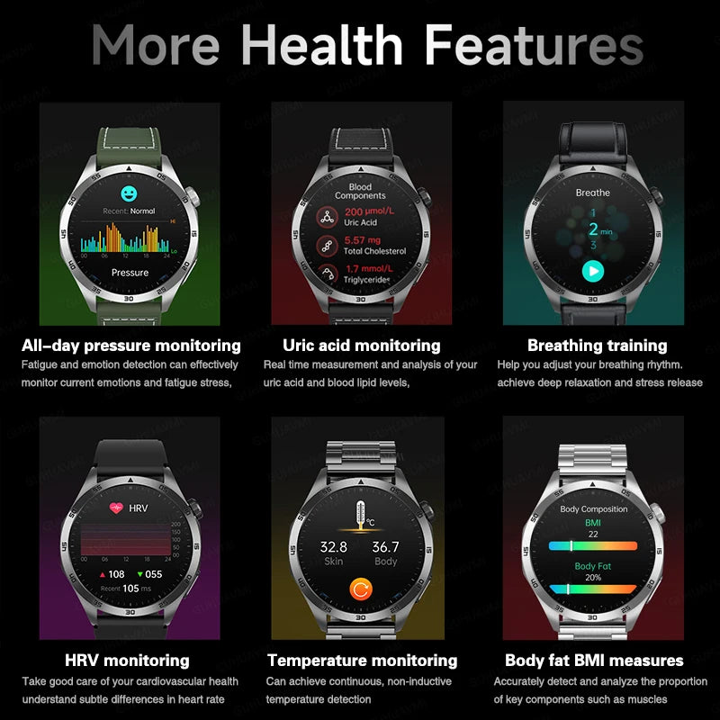 ساعة ذكية طبية ثلاثية جديدة للرجال لمراقبة سكر الدم والدهون وضغط الدم وحمض البوليك ECG+PPG مع تتبع الصحة وشاشة AMOLED عالية الدقة
