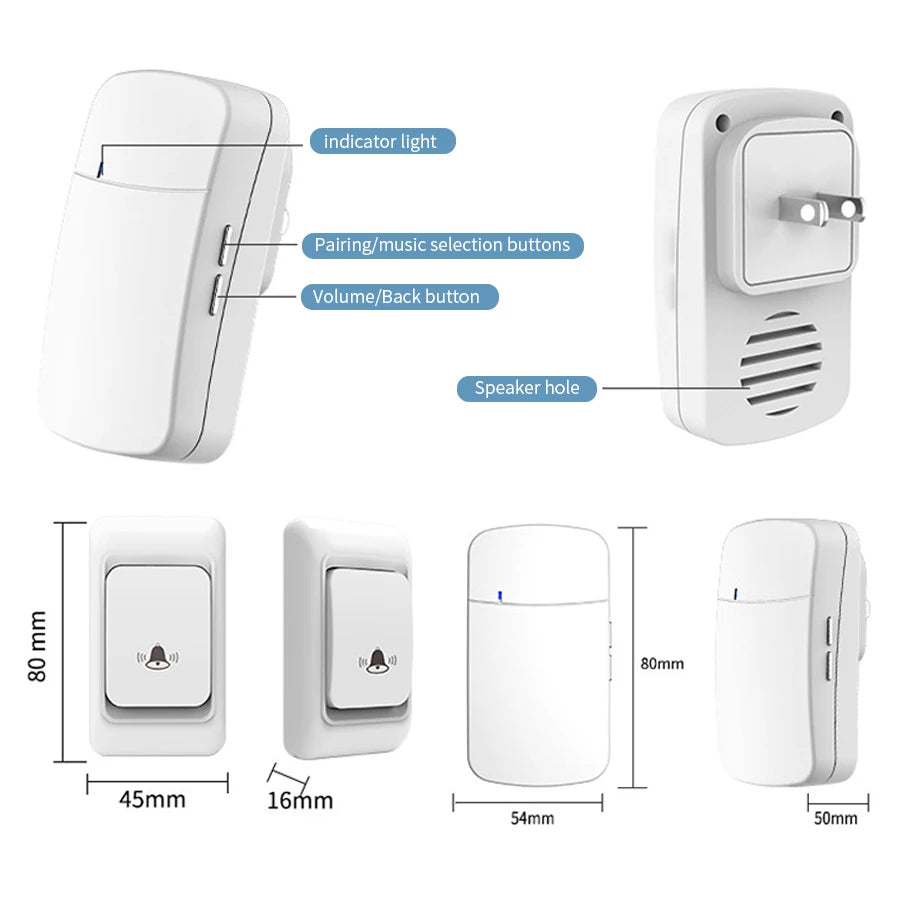 جهاز جرس باب لاسلكي مقاوم للماء بتردد 433MHz مع مدى 100م وتصميم سهل الاستخدام، مزود بـ 38 نغمة ترحيب، قابس EU/US