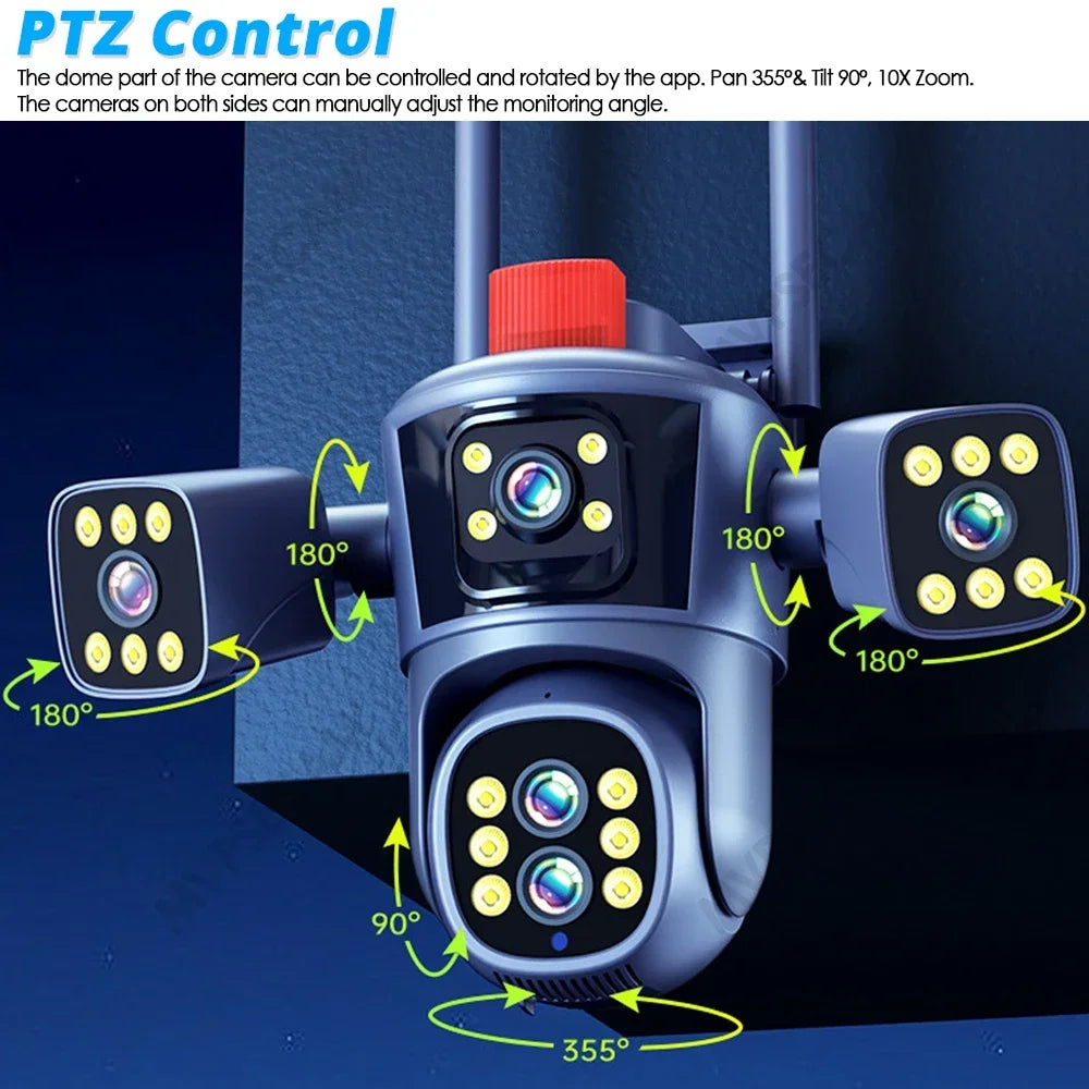 كاميرا أمان واي فاي PTZ بدقة 20 ميجابكسل مع 10 عدسات و360 درجة مراقبة خارجية بدون أسلاك وزوم 10X مع شاشة رباعية Wi-Fi CCTV