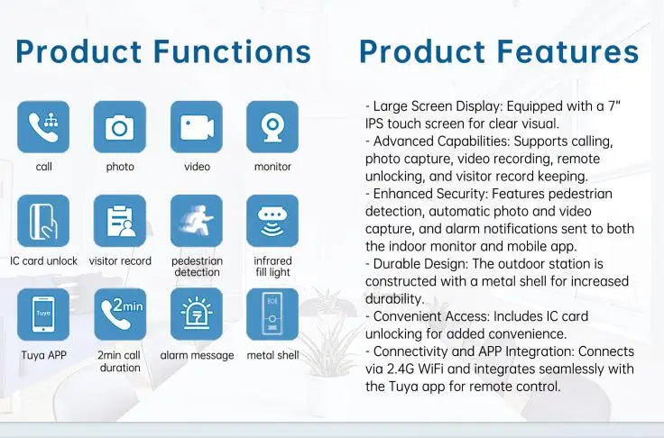 جهاز اتصال مرئي مزود بشاشة IPS 7 بوصات مع تحكم عن بعد، جرس باب ذكي مع كاميرا بزاوية 120 درجة ونظام أمان منزلي متصل عبر الواي فاي