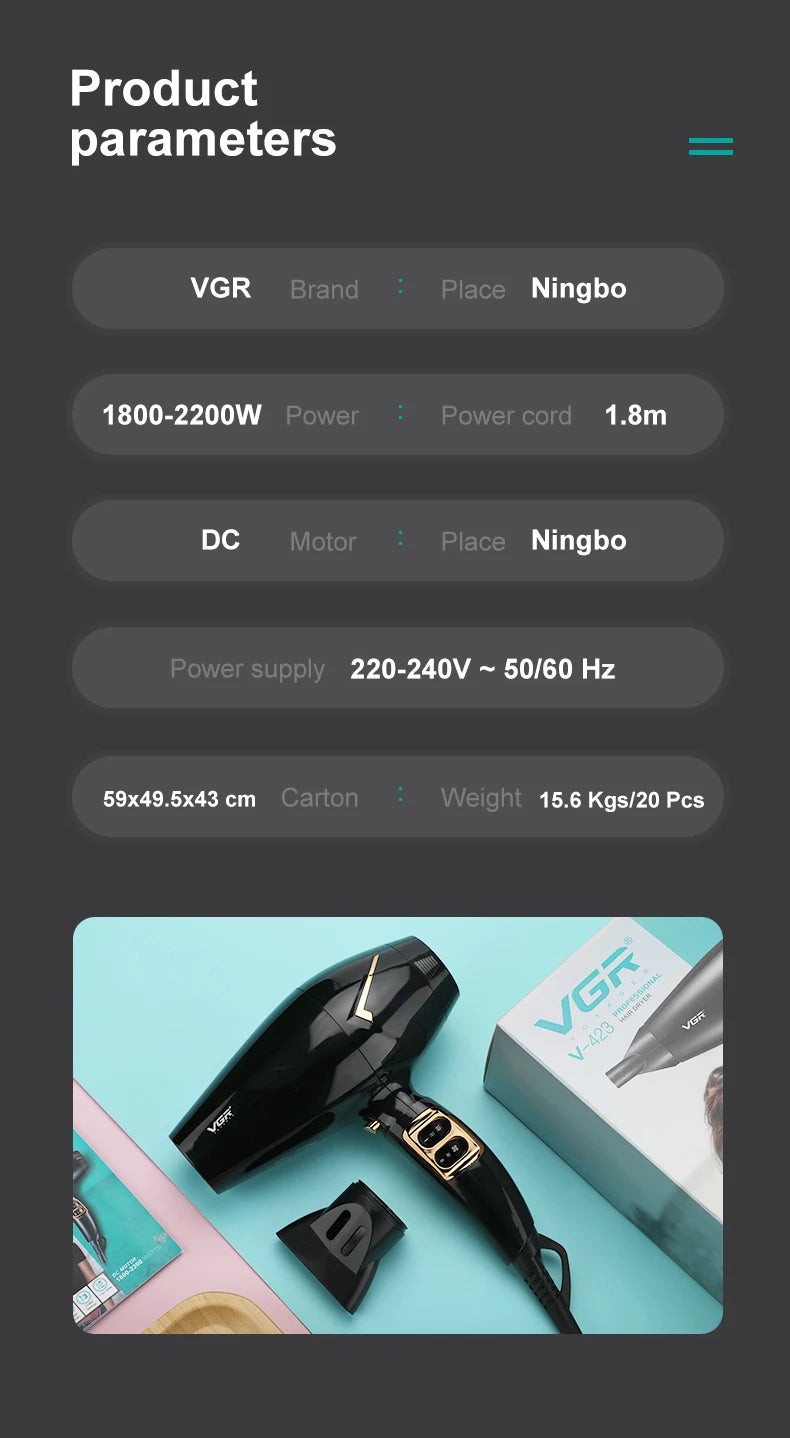 مجفف شعر VGR الاحترافي V-423 بقدرة قوية مع تعديل الهواء الساخن والبارد وإيونات سلبية