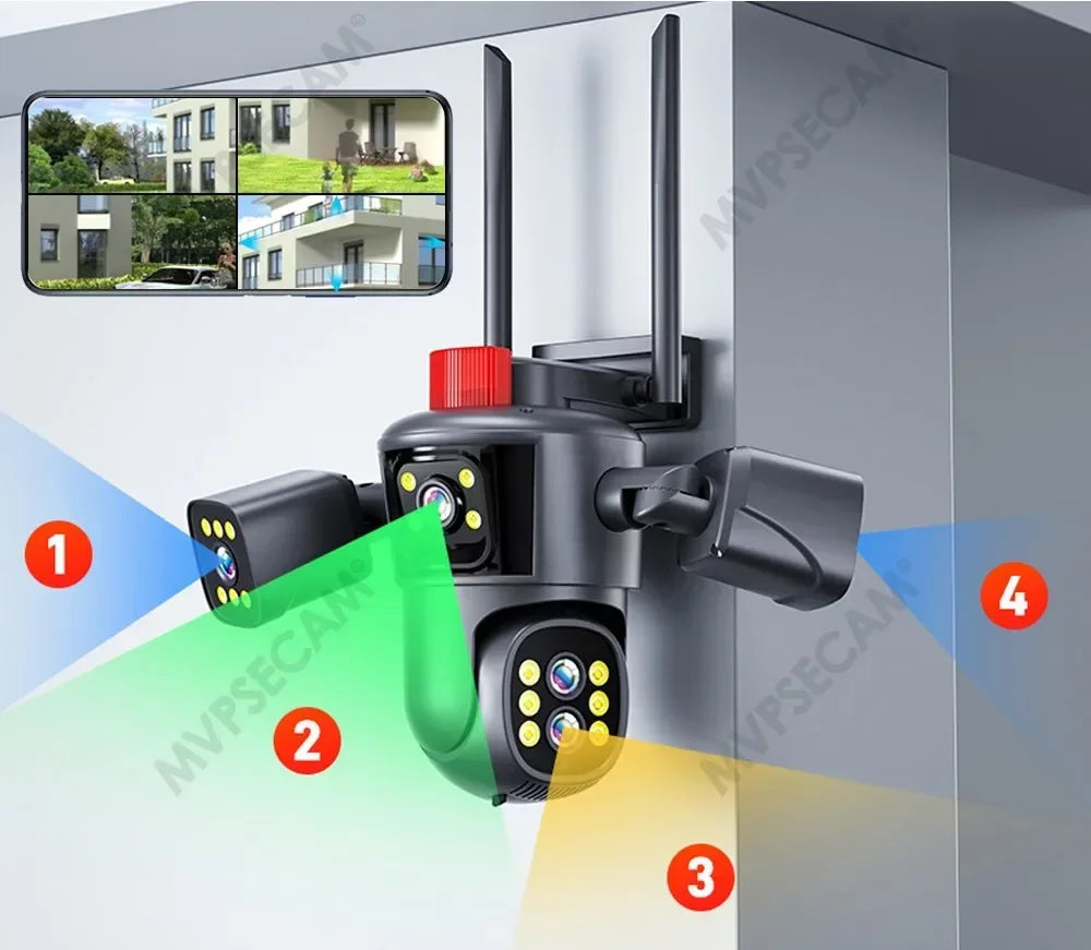 كاميرا واي فاي IP خارجية بدقة 10K UHD مع تقريب بصري 10X وتتبع تلقائي PTZ بخمس عدسات وأربع شاشات، كاميرا أمنية مقاومة للماء للمنزل الذكي