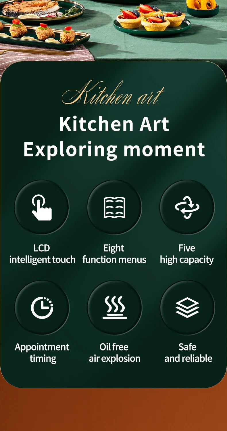 قلاية هوائية كهربائية سعة 5 لتر ذكية أوتوماتيكية للمنزل بتقنية الخبز 360° وشاشة تعمل باللمس LED بدون زيت، مع قابس للاتحاد الأوروبي والولايات المتحدة وأستراليا والمملكة المتحدة