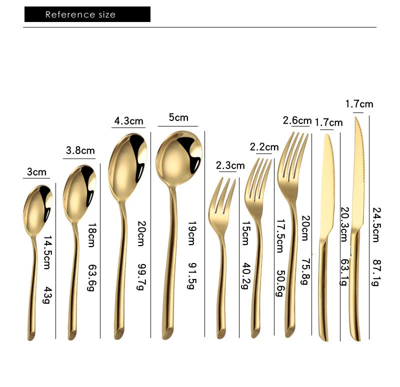 طقم أدوات المائدة الذهبية من الفولاذ المقاوم للصدأ 304 لتناول الطعام طقم صحون وشوك وملاعق