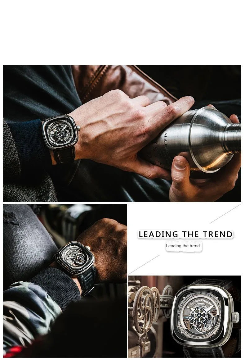 ساعة ميكانيكية رجالية مقاومة للماء من SEVENFRIDAY، بقرص كبير مربع، ذات حركة أوتوماتيكية، سلسلة S، تدعم NFC، بأسلوب نبيل، S2/01