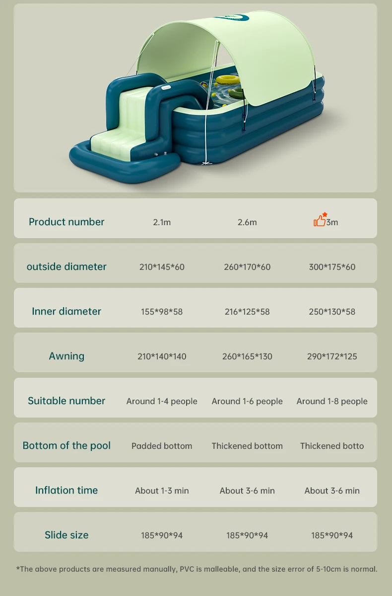 حمام سباحة عائلي قابل للنفخ 2/3 متر للأطفال مع مظلة شمسية ومكانز قابل للطي للألعاب