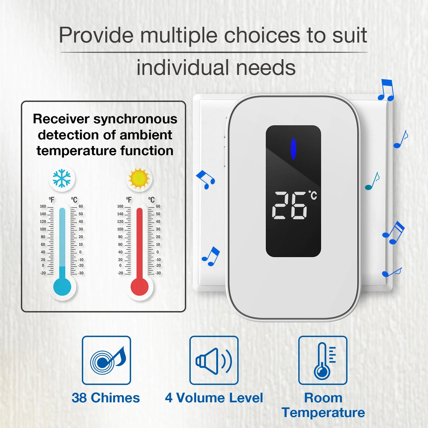 جرس باب لاسلكي مقاوم للماء يعمل بالطاقة الذاتية مع 38 لحن اختياري وعرض درجة الحرارة للأماكن الداخلية والخارجية