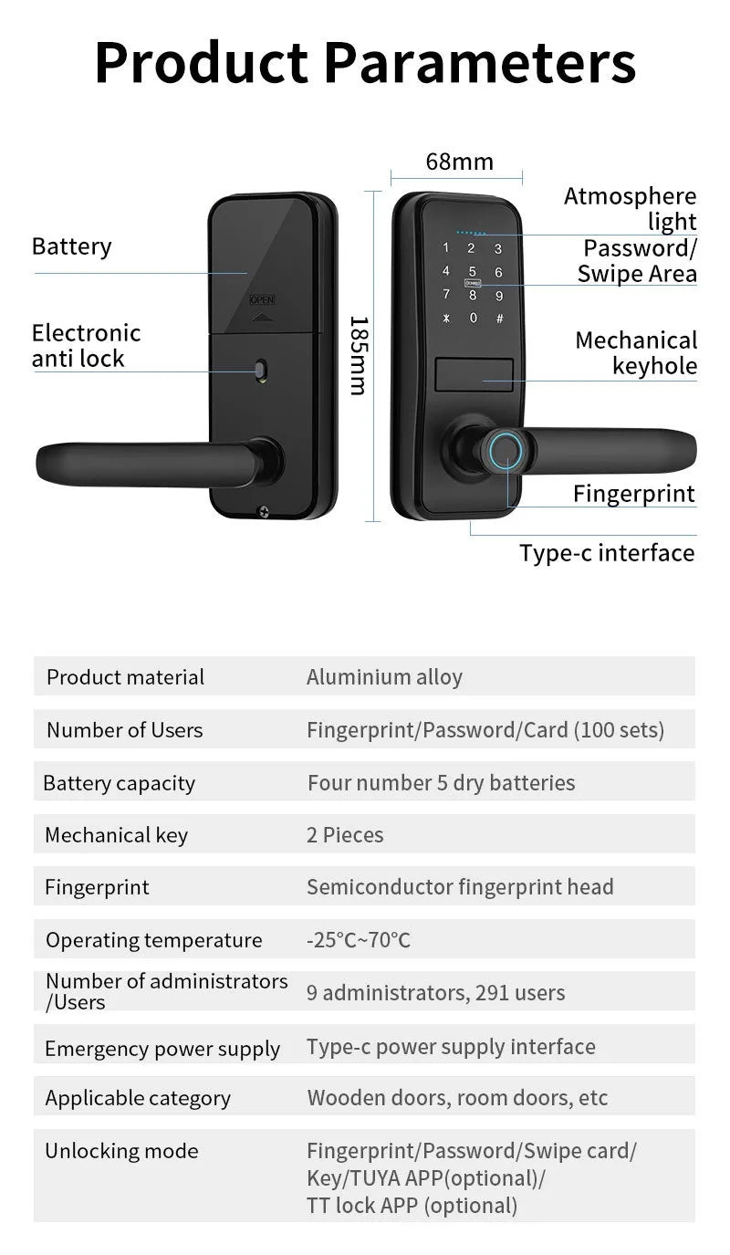 قفل باب ذكي بتقنية بصمة الإصبع وكلمة المرور عبر تطبيق TTlock من Tuya مع خاصية الفتح عن بُعد والبطاقة الذكية