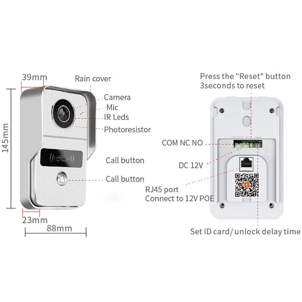 جرس باب فيديو عالي الدقة 1080P لاسلكي واي فاي 2.4G مع تطبيق تويا، نظام اتصال داخلي للفيلات، وحدة قفل أبواب عن بُعد، اتصال 12V POE