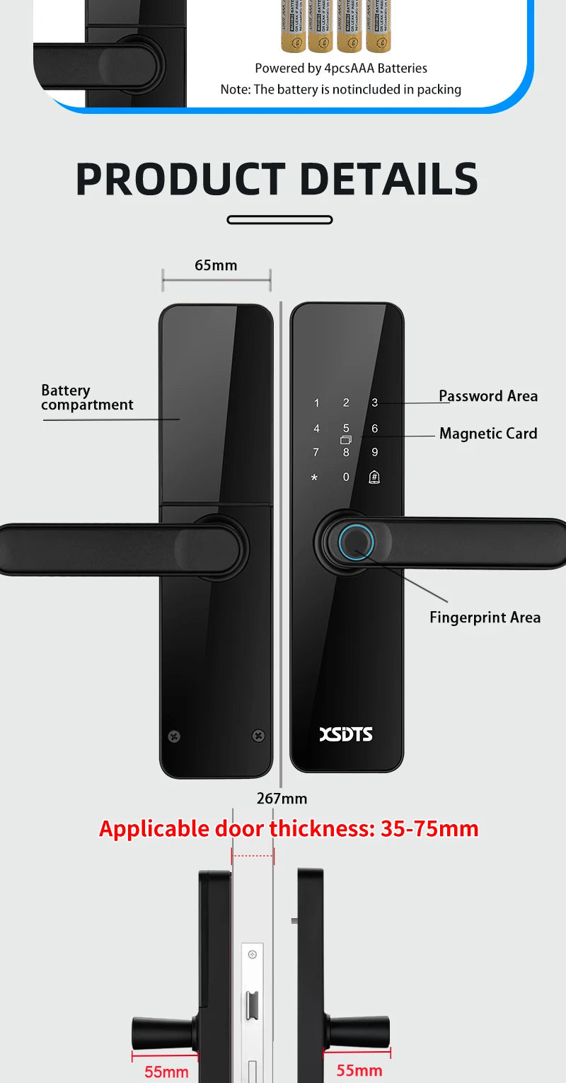 قفل باب إلكتروني واي فاي XSDTS مع تطبيق تويا وفتح بالبصمة والبطاقة الذكية وكلمة المرور للمنزل والشقة