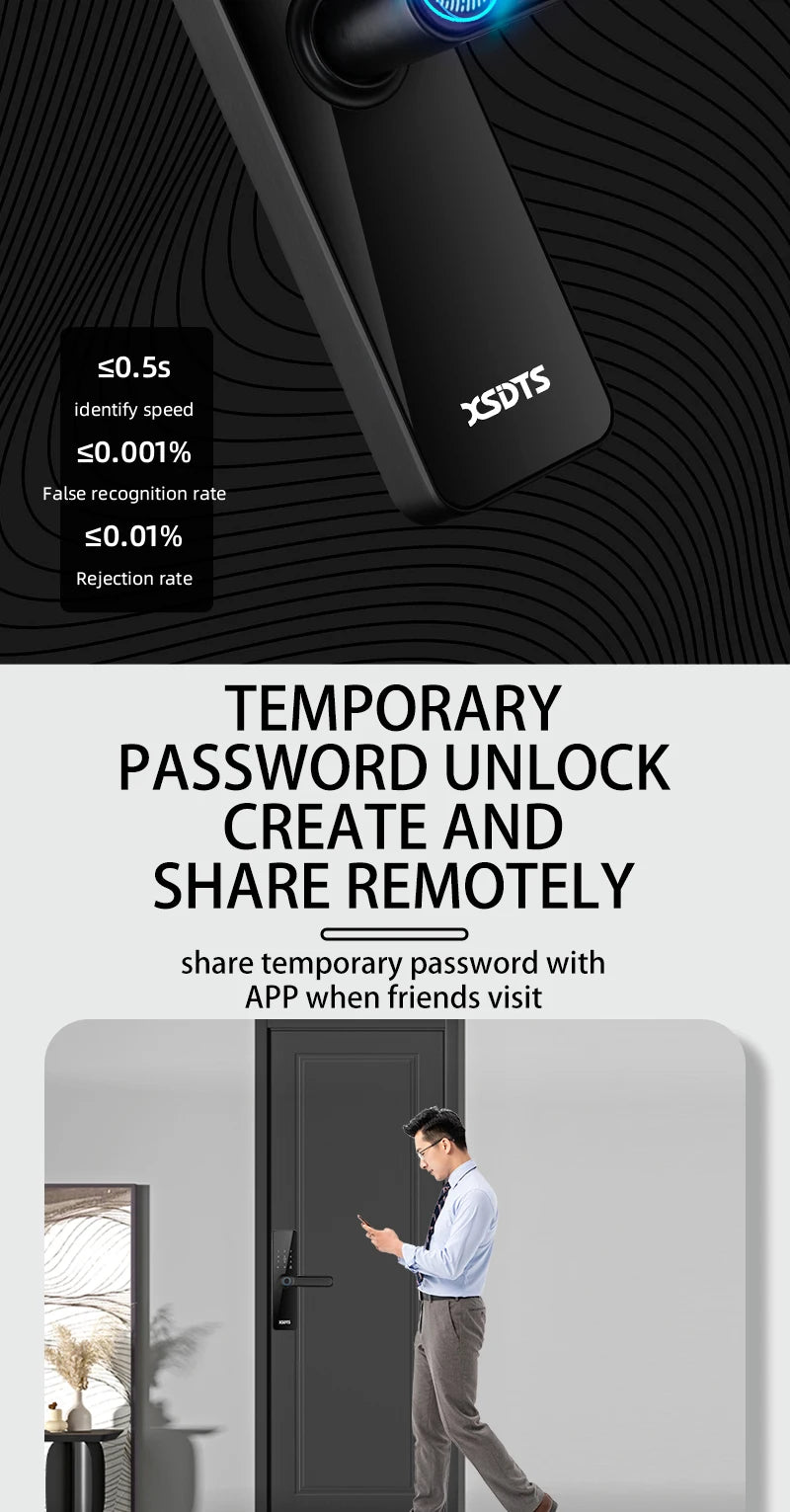 قفل باب إلكتروني واي فاي XSDTS مع تطبيق تويا وفتح بالبصمة والبطاقة الذكية وكلمة المرور للمنزل والشقة