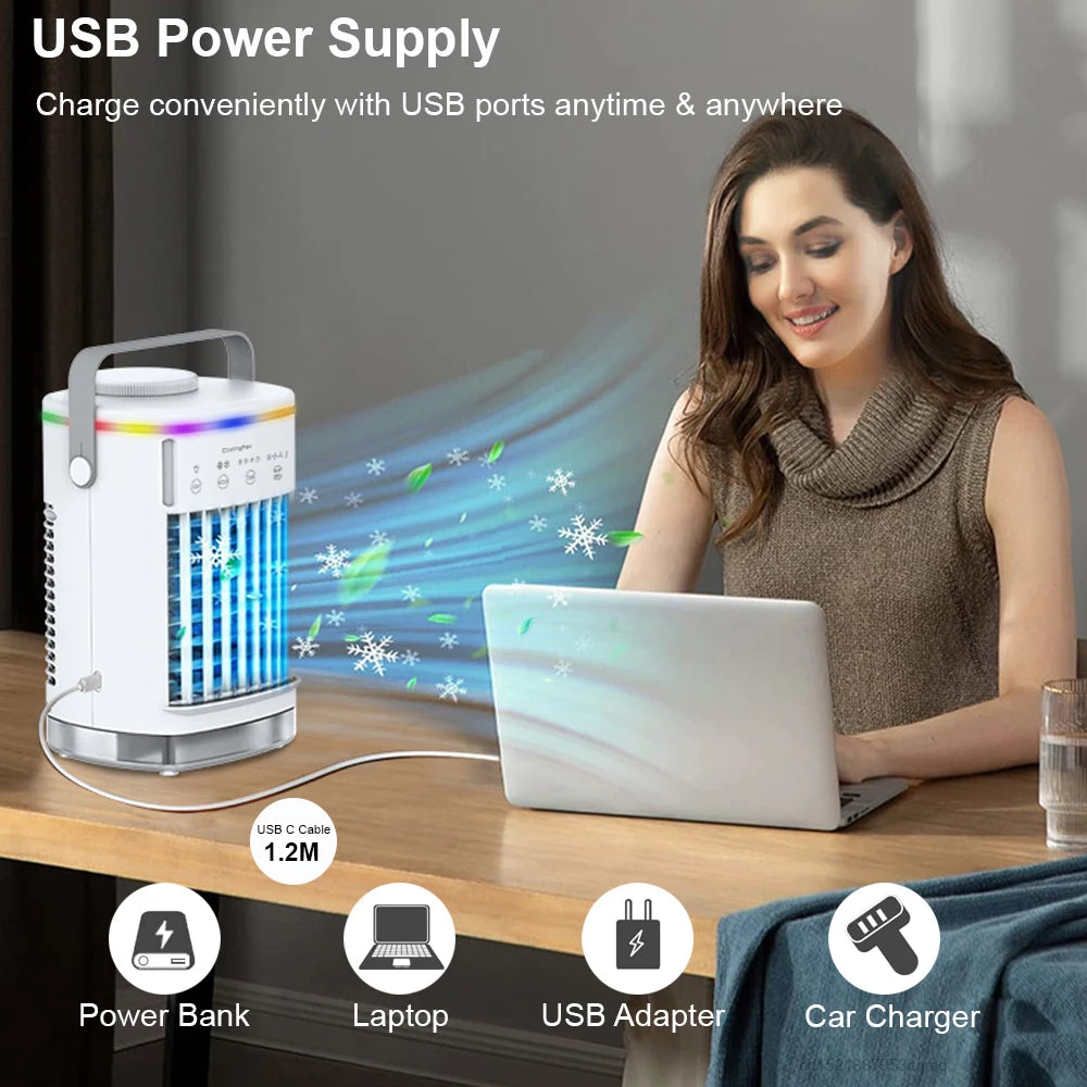 مروحة مكيف هواء محمولة USB - جهاز ترطيب كهربائي مع ضوء ليلي LED - 3 في 1 مروحة تبريد برذاذ ماء للمكتب والمنزل