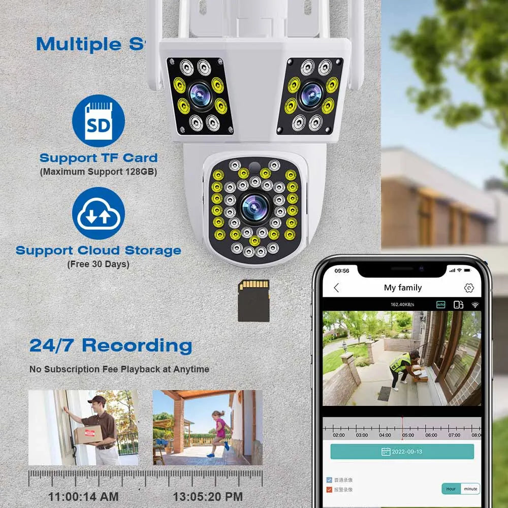 كاميرا واي فاي IP بدقة 6K و12MP مع ثلاث عدسات وكاميرا PTZ خارجية للكشف عن الحركة - كاميرا مراقبة مقاومة للماء