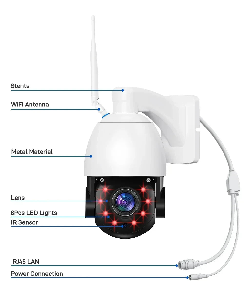 كاميرا واي فاي IP خارجية بدقة 4K و8MP مع تكبير بصري 50X وتحكم PTZ - كاميرا أمان معدنية مع رؤية ليلية بالأشعة تحت الحمراء