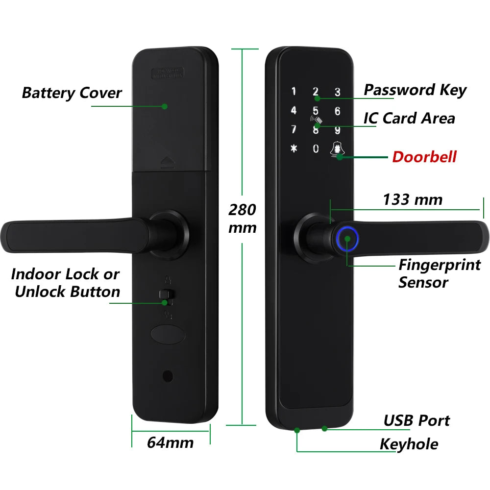 قفل باب ذكي RAYKUBE K8 بتقنية البلوتوث وWiFi مع بصمة إصبع وكلمة مرور وبطاقة IC 13.56MHZ بدون مفتاح