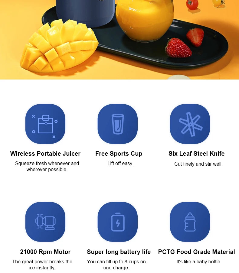 خلاط عصير محمول 6 شفرات قابل لإعادة الشحن عبر USB مع كوب من الستانلس ستيل لصنع العصائر والسموثي في المطبخ