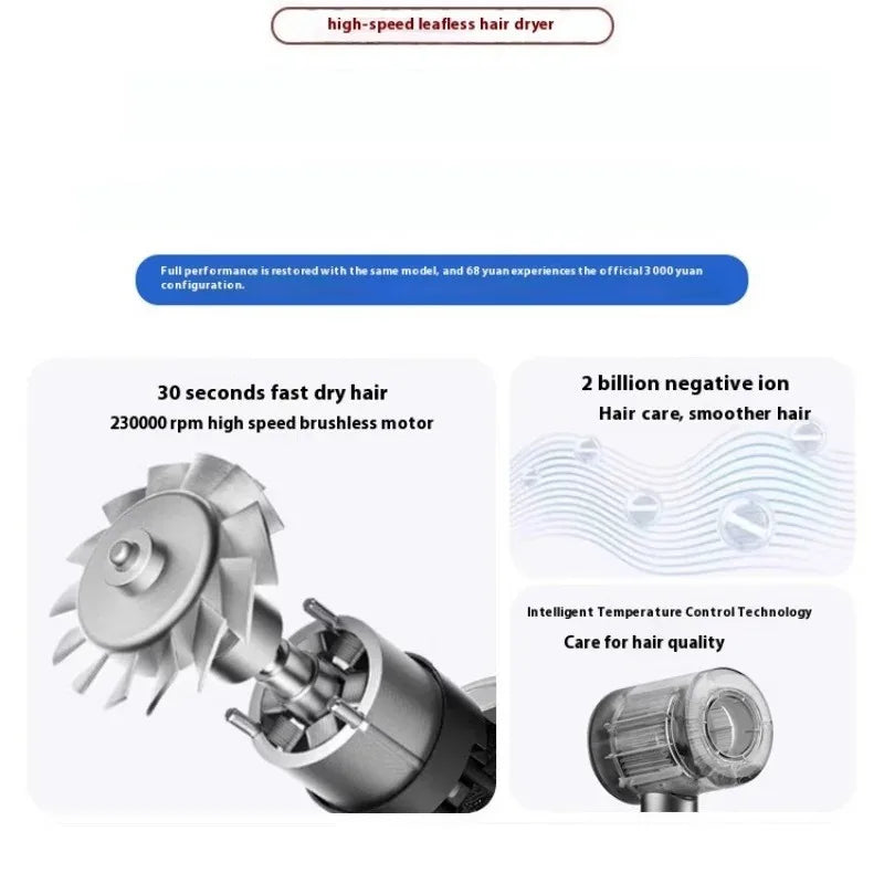 مجفف شعر بدون أوراق بتقنية الأيونات السلبية لتجفيف سريع احترافي منزلي مع قوة هواء مستمرة