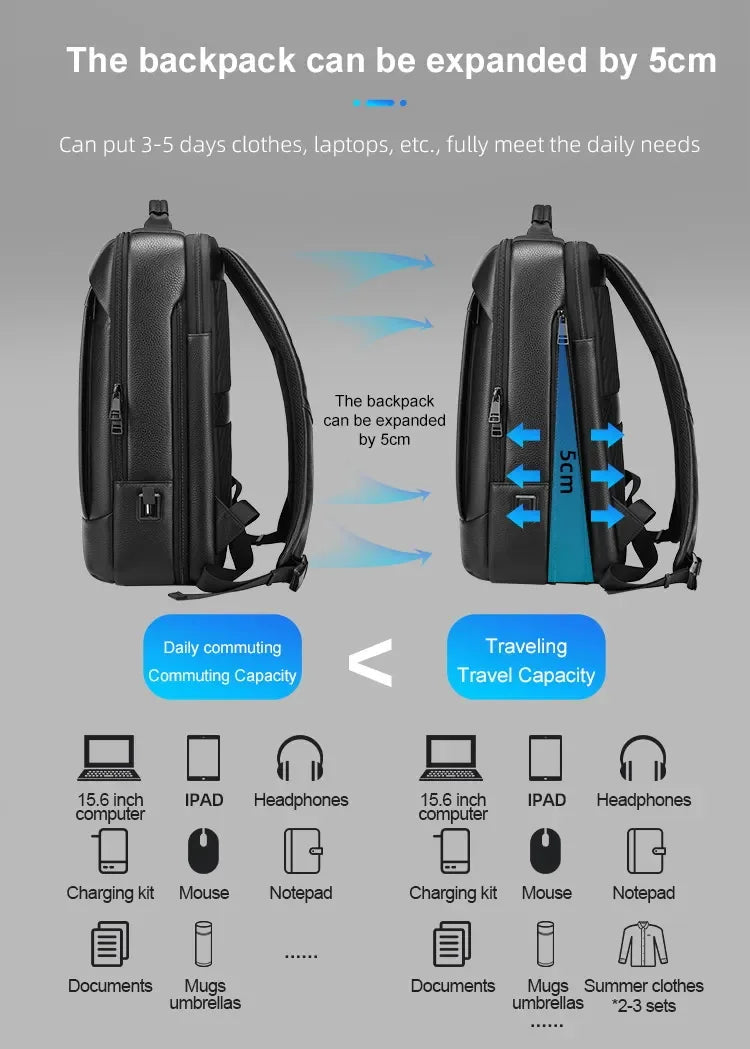 حقيبة ظهر جلدية أصلية للرجال من طبقة جلد البقر - تصميم عصري، مقاومة للماء، مع منفذ USB ودعامة للكمبيوتر المحمول 15.6 بوصة