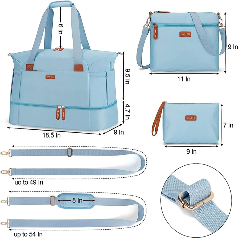 حقيبة سفر دوفل متعددة الاستخدامات للنساء مع حقيبة مستحضرات تجميل - حقيبة حمل لرحلات ليلية وصالة رياضية وحقائب الأم بخاصية الجيب المبلل (5 قطع)