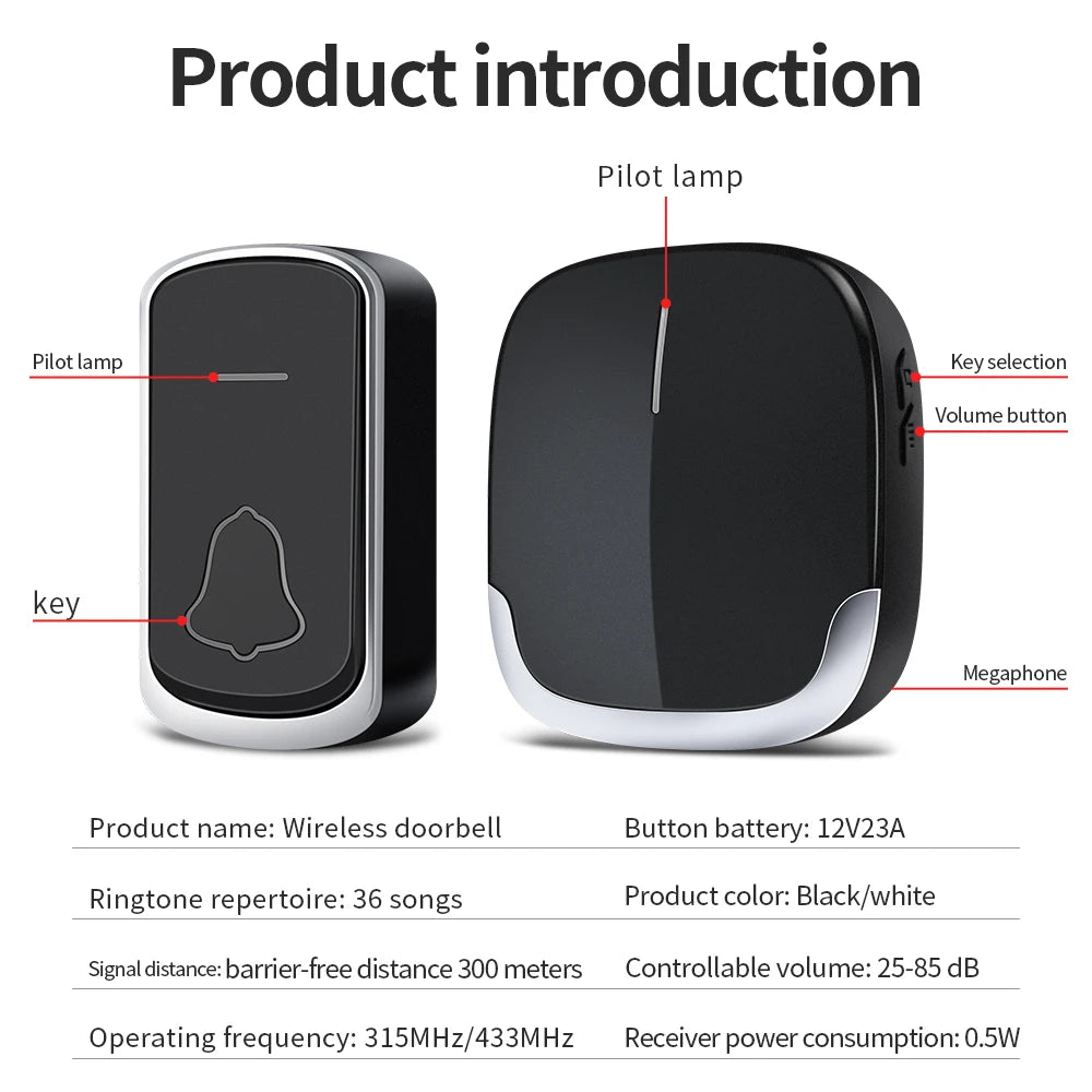 جرس باب لاسلكي يعمل بالطاقة الذاتية مع مجموعة منزل ذكي لمنازل خارجية زر مقاوم للماء مستقبل بدون بطارية