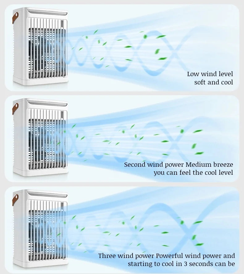 مبرد هواء مكتبي محمول 3 في 1 مع مرطب منزلي ومروحة تبريد صغيرة مزودة بضوء LED ملون للضباب ليلاً للمكتب