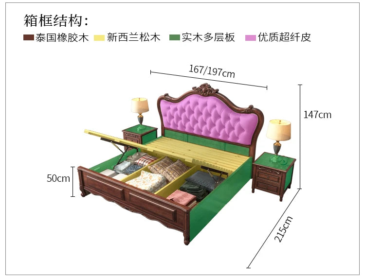 إطار سرير مزدوج بحجم كينغ من الخشب بتصميم أوروبي مع مساحة تخزين للغرفة الحديثة الفاخرة
