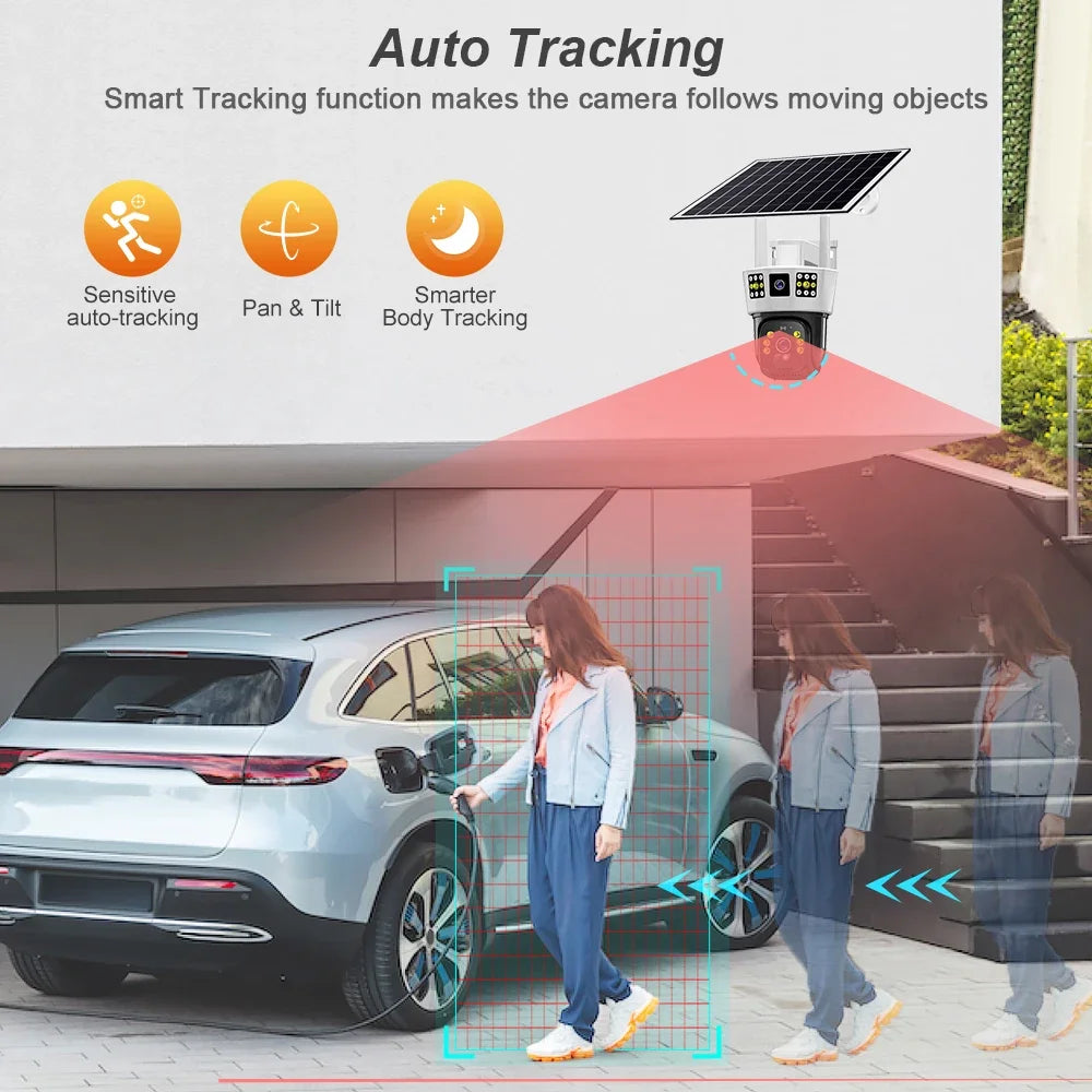كاميرا شمسية 12 ميجابكسل واي فاي 4G مع بطاقة SIM، مراقبة خارجية بدقة 6K، رؤية ليلية، كشف بشري، حماية منزلية ذكية