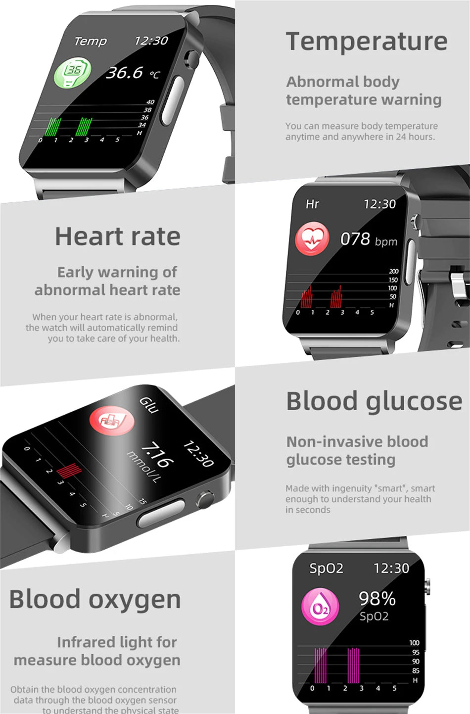 ساعة ذكية لقياس مستوى السكر في الدم مع ميزات ECG وPPG لمراقبة نبضات القلب ودرجة حرارة الجسم للرجال والنساء – متعقب للياقة البدنية وساعات رياضية 2024.