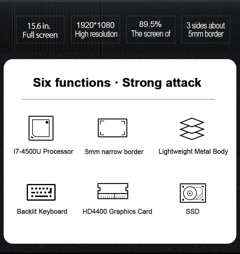 لابتوب ألعاب بسعر منخفض 15.6 بوصة دقة 1920x1080 مع معالج Intel I7 4500u رباعي النواة، 16 جيجابايت RAM، خيارات تخزين SSD 128GB 256GB 512GB، نظام تشغيل ويندوز 10