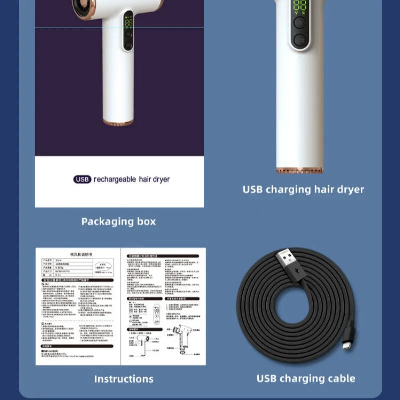 مجفف شعر لاسلكي جديد 2024 بسرعة 30000 دورة في الدقيقة بضغط هواء عالٍ، تجفيف سريع، قابل لإعادة الشحن عبر USB، مجفف شعر لاسلكي صامت