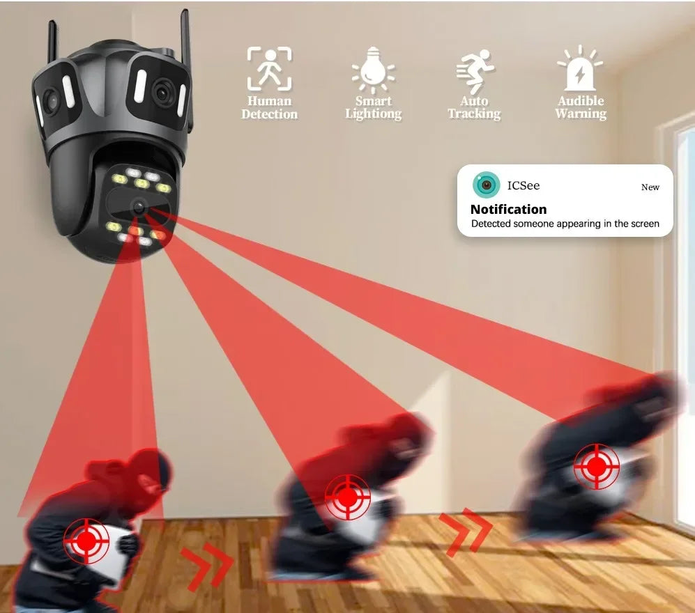 كاميرا مراقبة واي فاي ICSee ثلاث عدسات 12MP 6K مع ثلاث شاشات خارجية 360° للأمان الذكي في المنزل