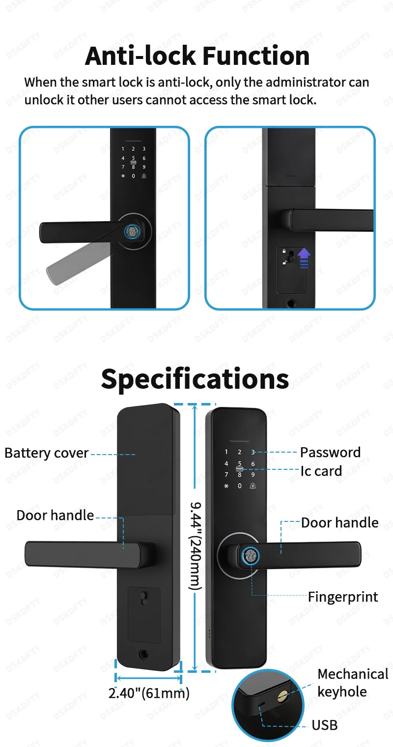 قفل باب ذكي رقمي بتقنية بصمة الأصبع من DSKDFTY مع فتح عن بُعد عبر واي فاي للمنازل والشقق