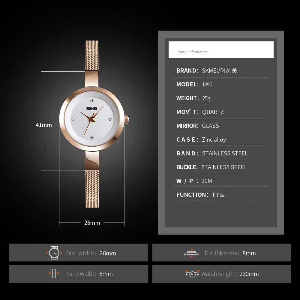 ساعة SKMEI 1390 الأنيقة والفاخرة للنساء بسوار رفيع مقاومة للماء