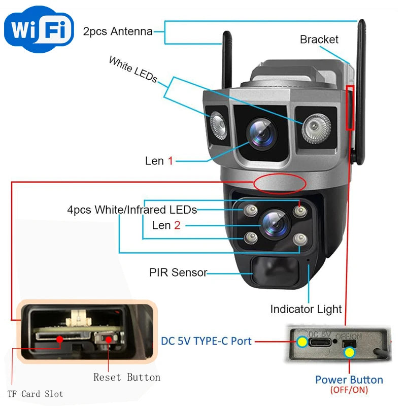 كاميرا شمسية للأمان مع واي فاي 4G بدقة 6K و12 ميجابكسل - كاميرا CCTV خارجية مزودة بثلاث شاشات ورؤية ليلية بالأشعة تحت الحمراء ومقاومة للماء