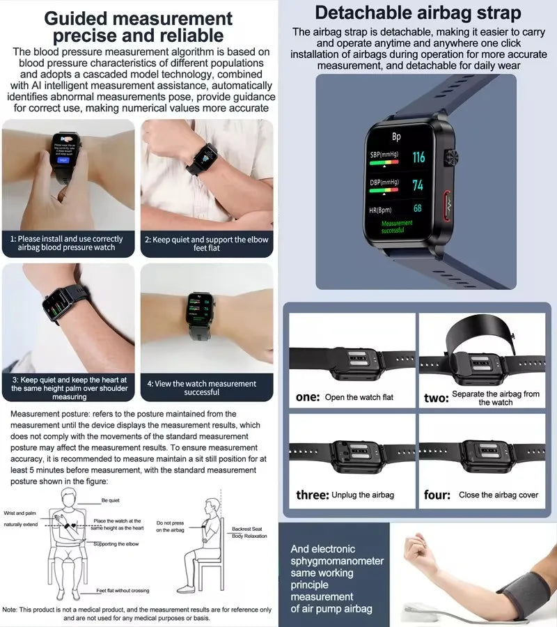 ساعة ذكية صحية 2024 مع مضخة هواء وكشف دقيق لضغط الدم ECG+PPG لمراقبة معدل ضربات القلب ومستويات السكر في الدم للرجال والنساء