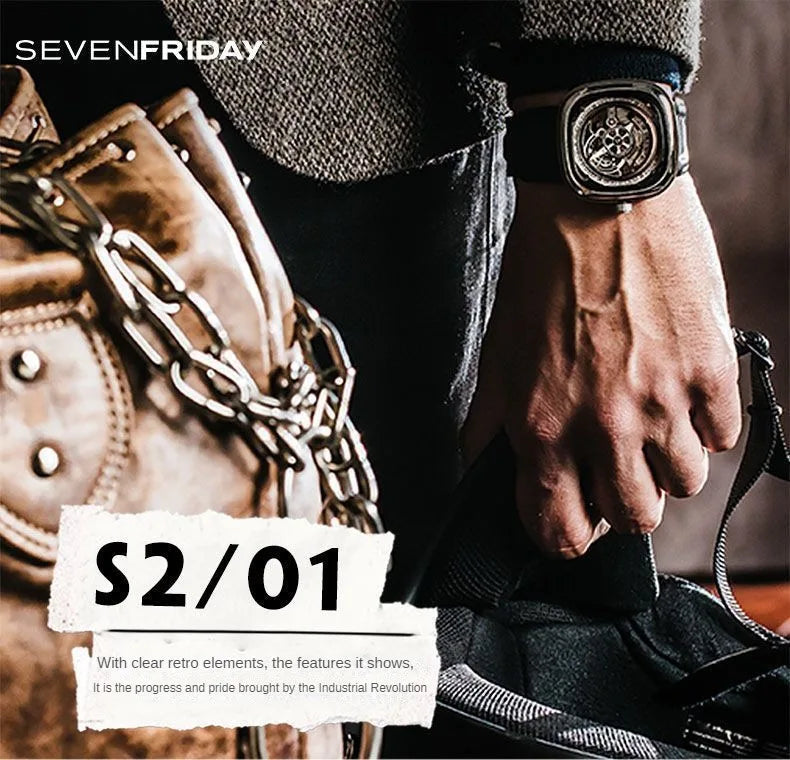 ساعة ميكانيكية رجالية مقاومة للماء من SEVENFRIDAY، بقرص كبير مربع، ذات حركة أوتوماتيكية، سلسلة S، تدعم NFC، بأسلوب نبيل، S2/01