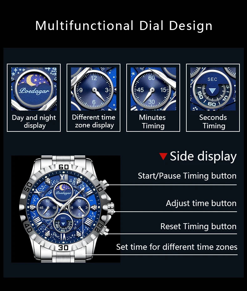 ساعة POEDAGAR الفاخرة للرجال، سبورت، مقاومة للماء، مضيئة، من الفولاذ المقاوم للصدأ، كرونوغراف، ساعة يد رجالية