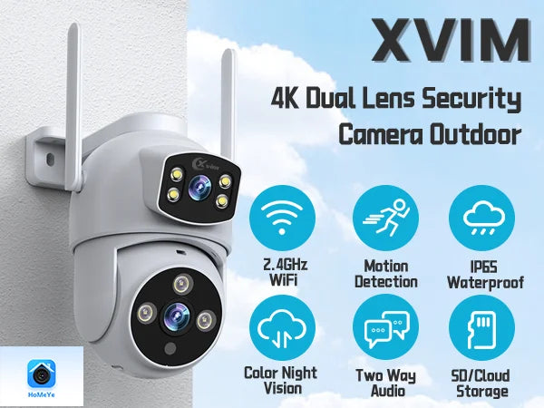 كاميرات مراقبة XVIM 4K مزدوجة العدسة للأمان اللاسلكي الخارجي، كاميرات WiFi بتقنية 2.4GHz، كاميرا بزاوية رؤية 360°، كشف ذكي