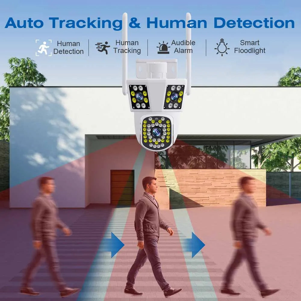 كاميرا واي فاي IP بدقة 6K و12MP مع ثلاث عدسات وكاميرا PTZ خارجية للكشف عن الحركة - كاميرا مراقبة مقاومة للماء