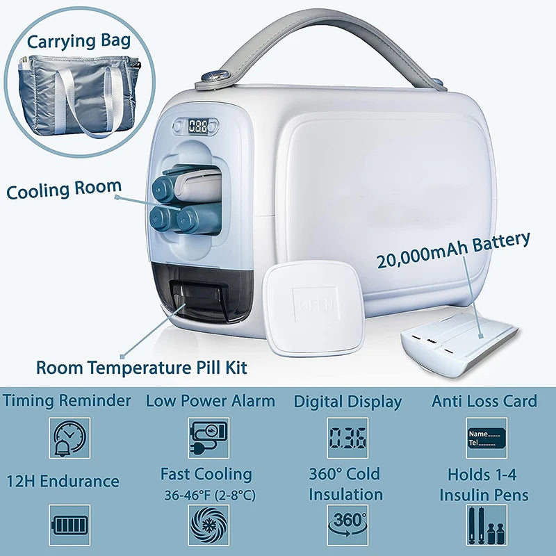 ثلاجة محمولة كبيرة للأنسولين مع بطارية قابلة للشحن - علبة سفر لتبريد الأدوية مع شاحن USB ومؤشر رقمي