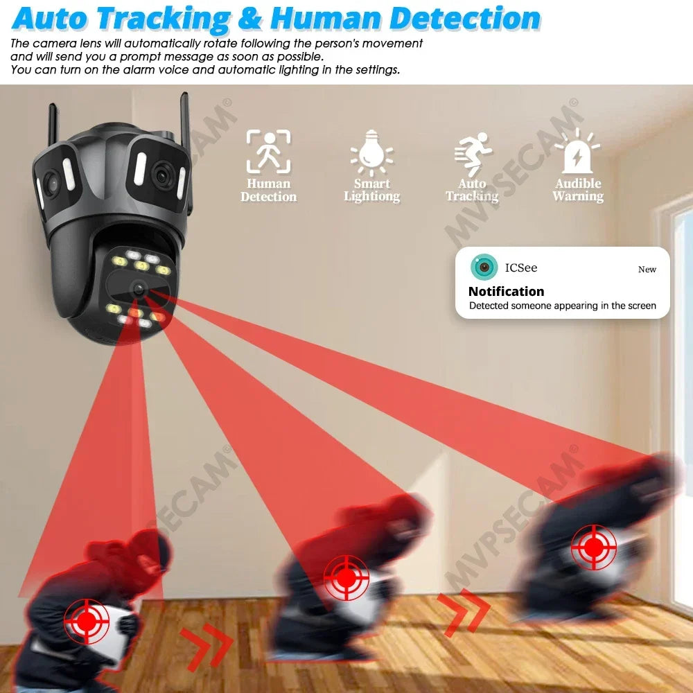 كاميرا مراقبة واي فاي ICSee ثلاث عدسات 12MP 6K مع ثلاث شاشات خارجية 360° للأمان الذكي في المنزل