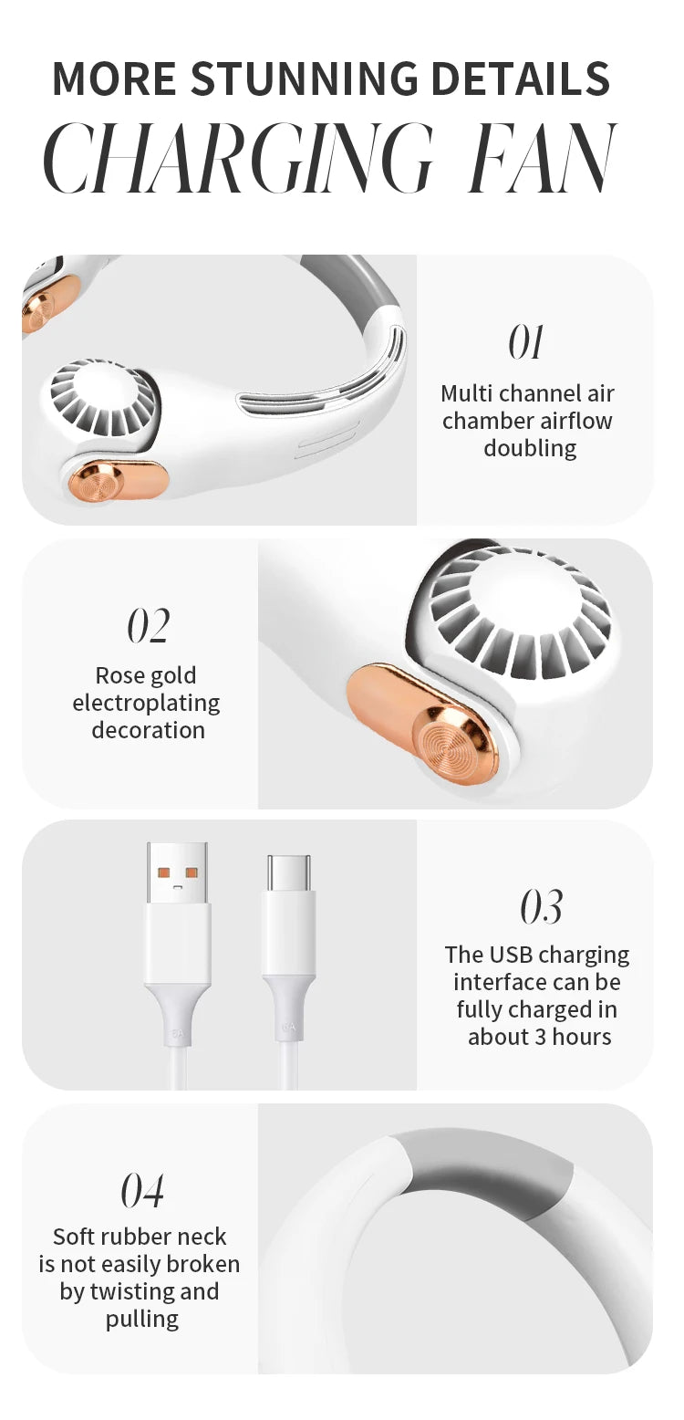 مروحة عنق قابلة للشحن مع نظام تبريد ثلاث سرعات للرياضات الخارجية ومروحة كهربائية لفصل الصيف