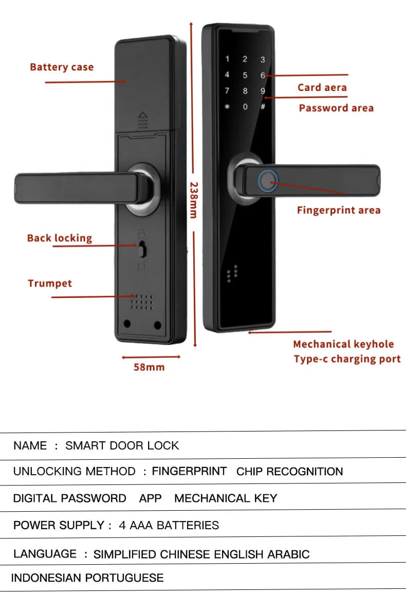 قفل باب ذكي بتقنية بصمة الإصبع من تطبيق تويا - قفل إلكتروني بدون مفتاح مع فتح عن بُعد بواسطة بطاقة وكلمة مرور