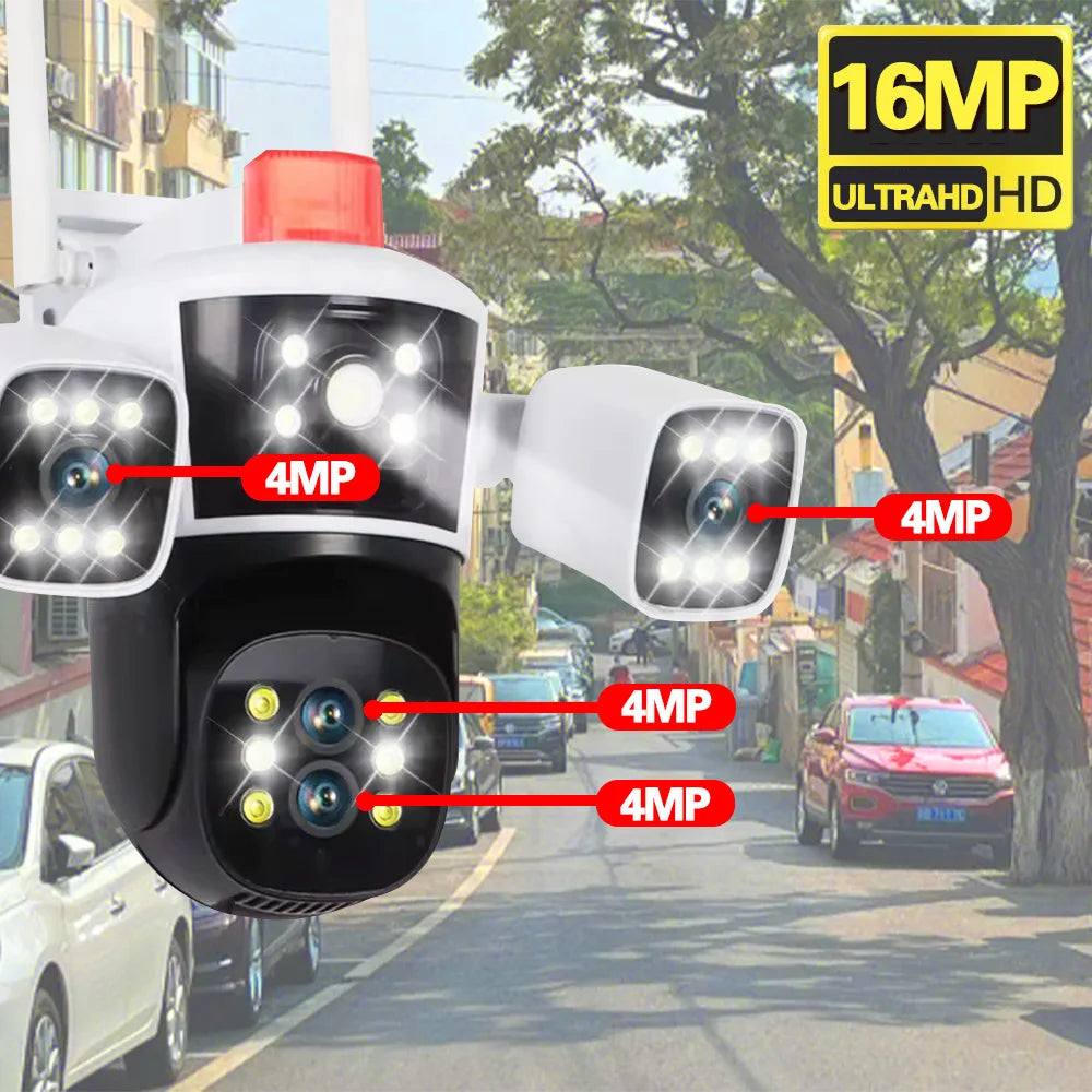 كاميرا مراقبة ذكية بخاصية تكبير PTZ 10X مع عدستين وثلاث عدسات WiFi للمنازل، رؤية بانورامية 360°، فيديو أمني 16MP، كاميرا خارجية مقاومة للماء
