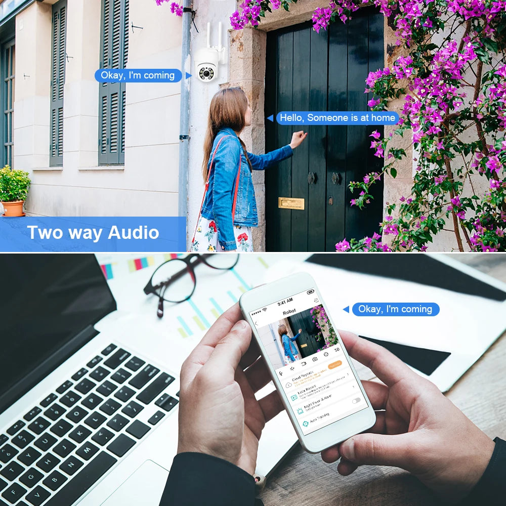 كاميرا واي فاي PTZ بدقة 8MP مع رؤية ليلية ملونة للشاشة المزدوجة، كاميرا مراقبة خارجية 4MP مع تطبيق ICSEE
