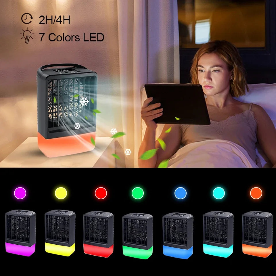 مكيف هواء محمول ذكي مع أضواء LED ملونة سبعة، مروحة تبريد صغيرة تعمل عبر USB مناسبة للاستخدام في المنزل والمكتب