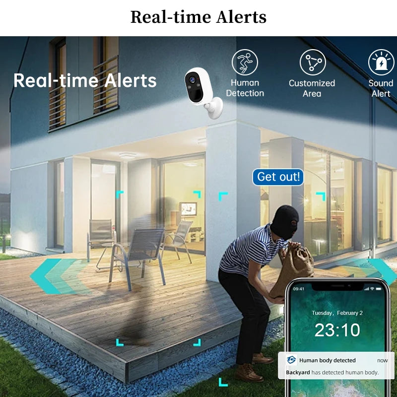 كاميرات مراقبة لاسلكية خارجية، بدقة 2K و3MP مع بطارية، مزودة بأضواء وصافرة، صوت ثنائي الاتجاه، مقاومة للماء