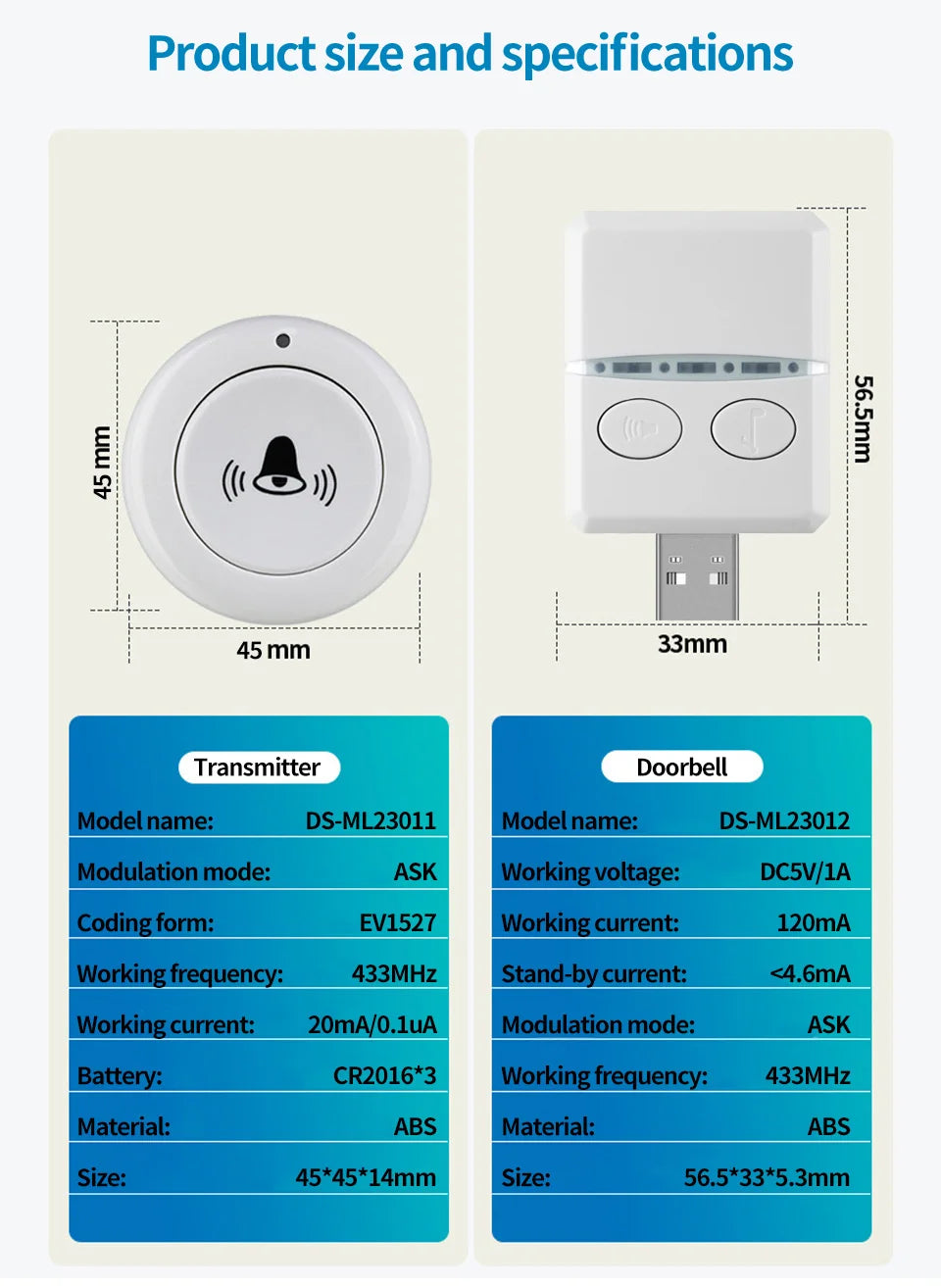 جرس باب لاسلكي RF 433MHz مع 30 لحن و150 متر نطاق استقبال ذكي مع جهاز تحكم عن بعد